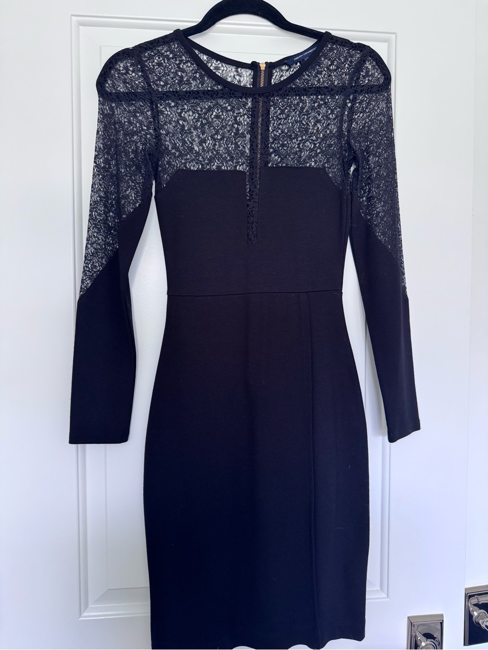 French Connection Black Lace Yoke Long Sleeve Sheath Dress